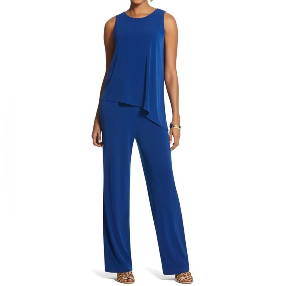 Chicos Jumpsuit Womens 3 US XL‎ Blue Asymetrical Wide Leg Tiered Overlay Stretch
